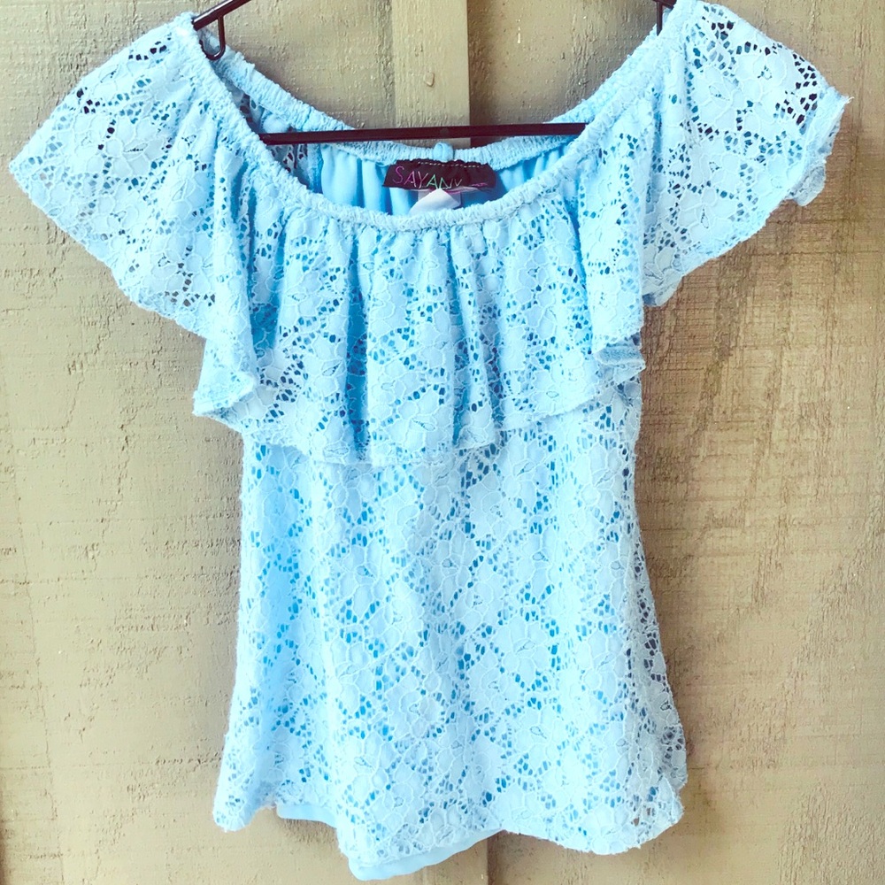 Baby Blue Lace Off the Shoulder Top